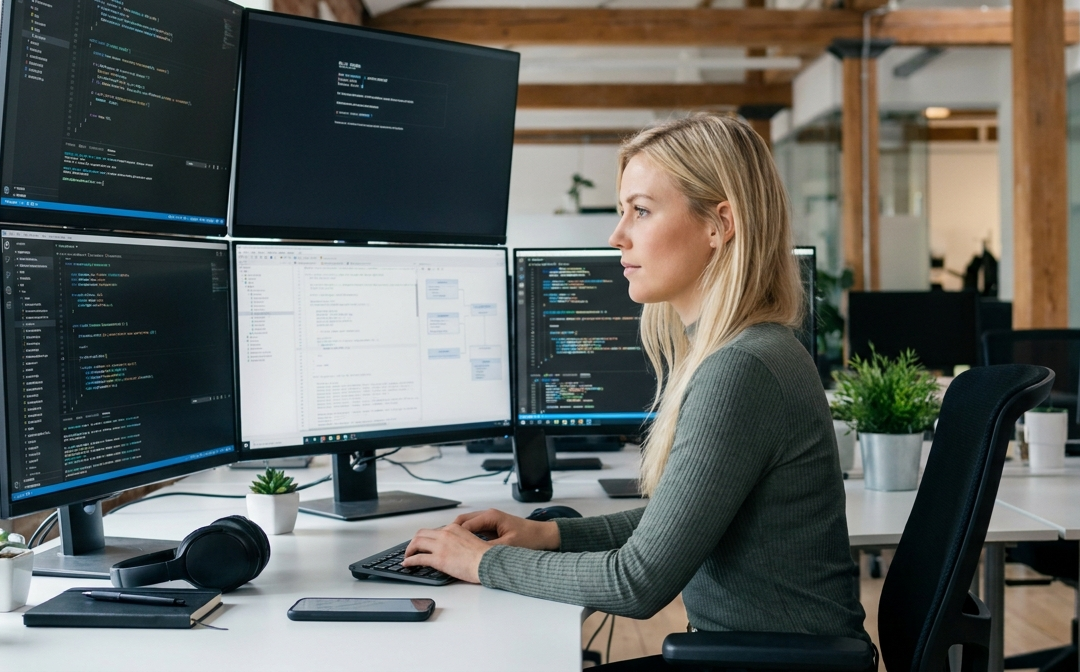 Mujer programando en oficina moderna.