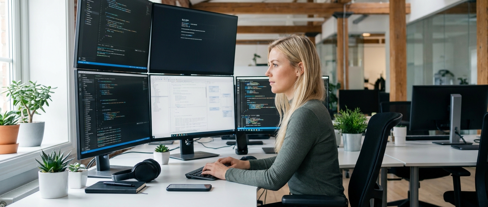Mujer programando en oficina moderna.